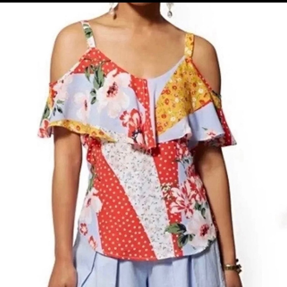 Mixed Print Cold Shoulder Floral Blouse